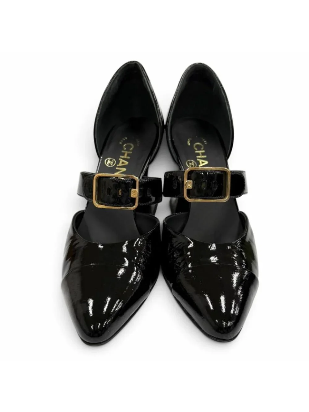 Chanel CC Logo Belt Design Pointed Toe Patent Leather Pumps Black Heel